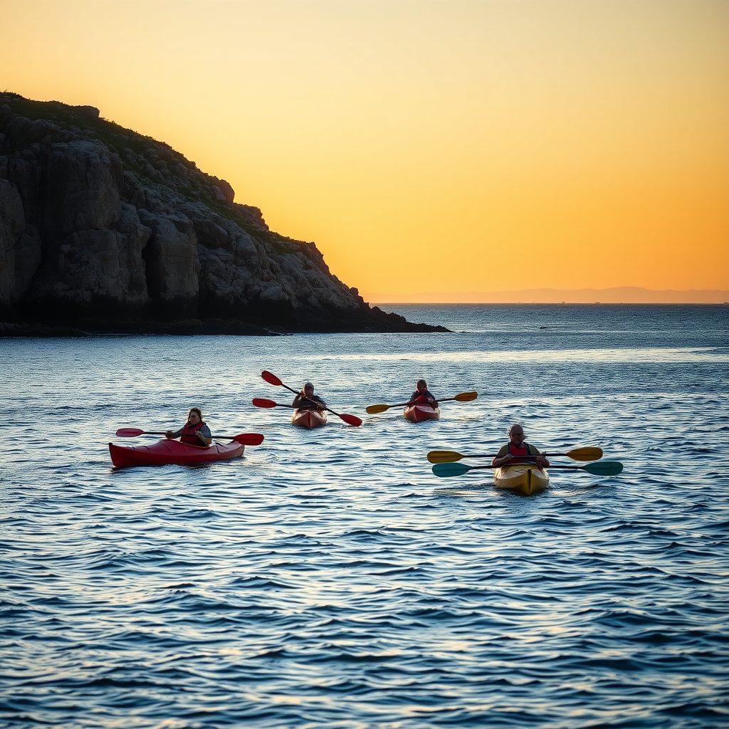 Sea kayaks on calm water at golden hour with a rocky headland behind
